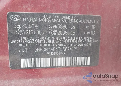2015 Hyundai Elantra Se from USA, damaged, VIN 5NPDH4AE4FH582417